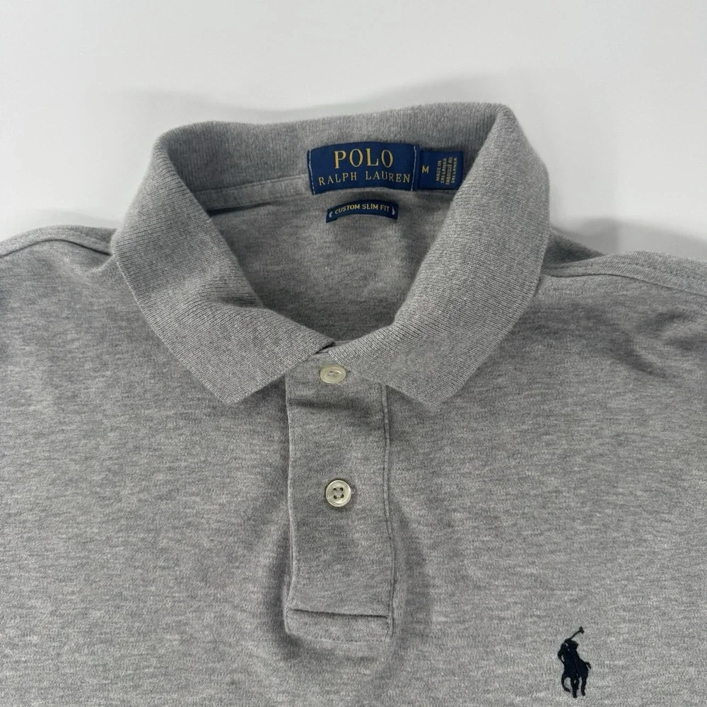Polo Ralph Lauren men's gray custom slim fit polo shirt Medium Cotton Black Pony - Picture 2 of 5